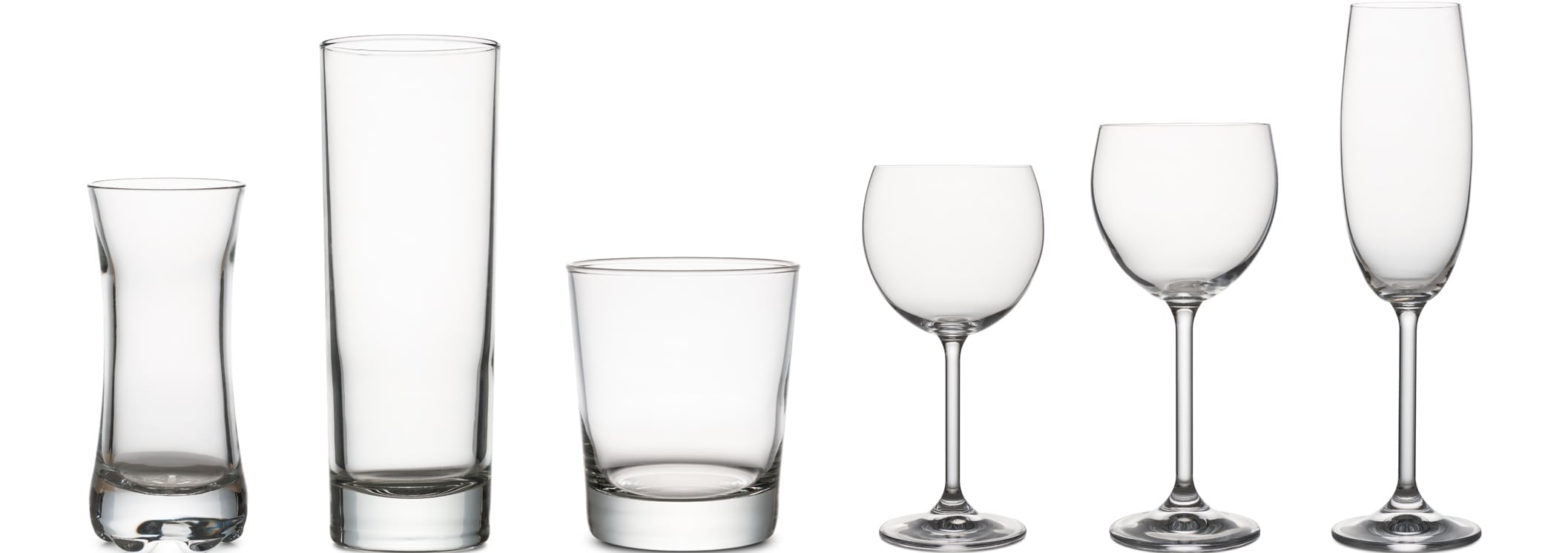 variety of classical glass for wine and water empty, on white background